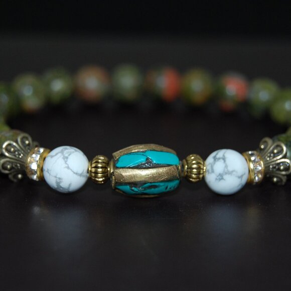 Unakite Stone Bracelet,Indian Bronze Charm,8mm Unakite Stone Beads - Picture 1 of 2